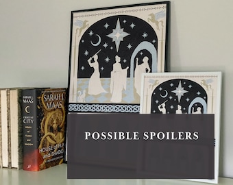May include: Two framed prints of a fantasy scene with a crescent moon, a star, and three figures in silhouette. The text "POSSIBLE SPOILERS" is visible in the bottom center of the image.