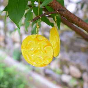 Handmade,lightweight,eco-friendly,recycled,wood,drop,dangle earrings, hand painted,upcycled,boho,round/circle in yellow and white for her image 4