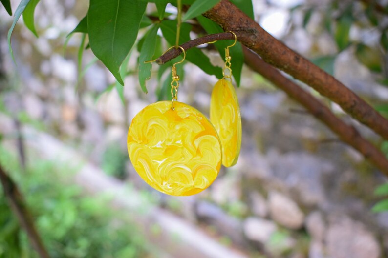 Handmade,lightweight,eco-friendly,recycled,wood,drop,dangle earrings, hand painted,upcycled,boho,round/circle in yellow and white for her image 4