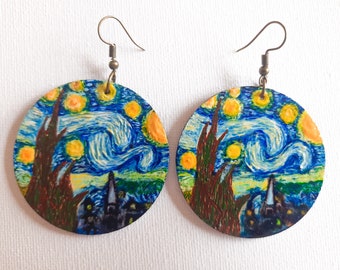 Starry Night,Vincent van Gogh Earrings for her,Handmade,Hand painted,Wood,Eco friendly,Unique,Dangle,Statement,Boho earrings for women/girls