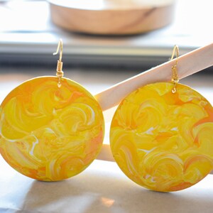 Handmade,lightweight,eco-friendly,recycled,wood,drop,dangle earrings, hand painted,upcycled,boho,round/circle in yellow and white for her image 5