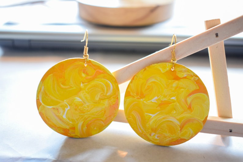 Handmade,lightweight,eco-friendly,recycled,wood,drop,dangle earrings, hand painted,upcycled,boho,round/circle in yellow and white for her image 5