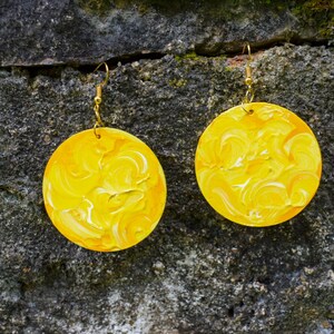 Handmade,lightweight,eco-friendly,recycled,wood,drop,dangle earrings, hand painted,upcycled,boho,round/circle in yellow and white for her image 3