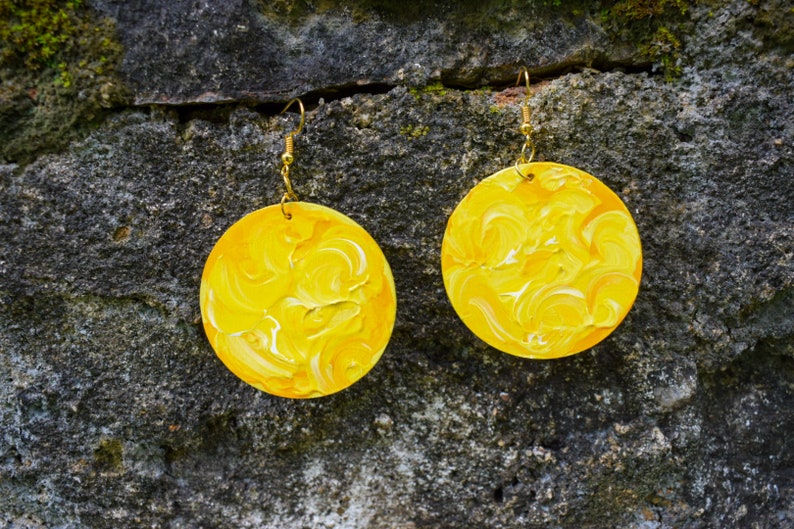 Handmade,lightweight,eco-friendly,recycled,wood,drop,dangle earrings, hand painted,upcycled,boho,round/circle in yellow and white for her image 3