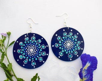 Cute,Handmade,Mandala,Hand painted,Wood,Dangle earrings for her,Eco friendly,Unique,Statement earrings,Cool,Custom Jewelry for Birthday Gift