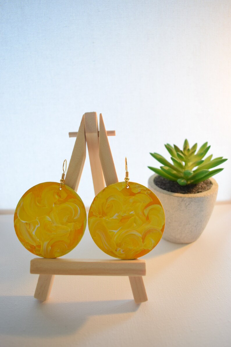 Handmade,lightweight,eco-friendly,recycled,wood,drop,dangle earrings, hand painted,upcycled,boho,round/circle in yellow and white for her image 2