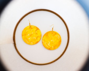 Handmade,lightweight,eco-friendly,recycled,wood,drop,dangle earrings, hand painted,upcycled,boho,round/circle in yellow and white for her
