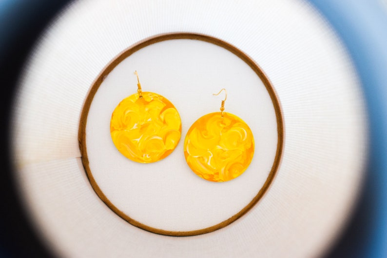 Handmade,lightweight,eco-friendly,recycled,wood,drop,dangle earrings, hand painted,upcycled,boho,round/circle in yellow and white for her image 1