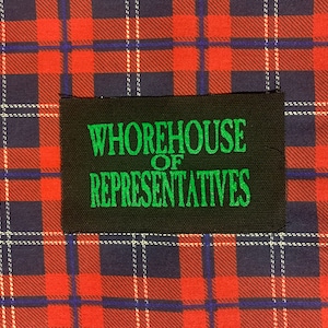 May include: A black patch with green text that reads "WHOREHOUSE OF REPRESENTATIVES". The patch is on a red and blue plaid background.