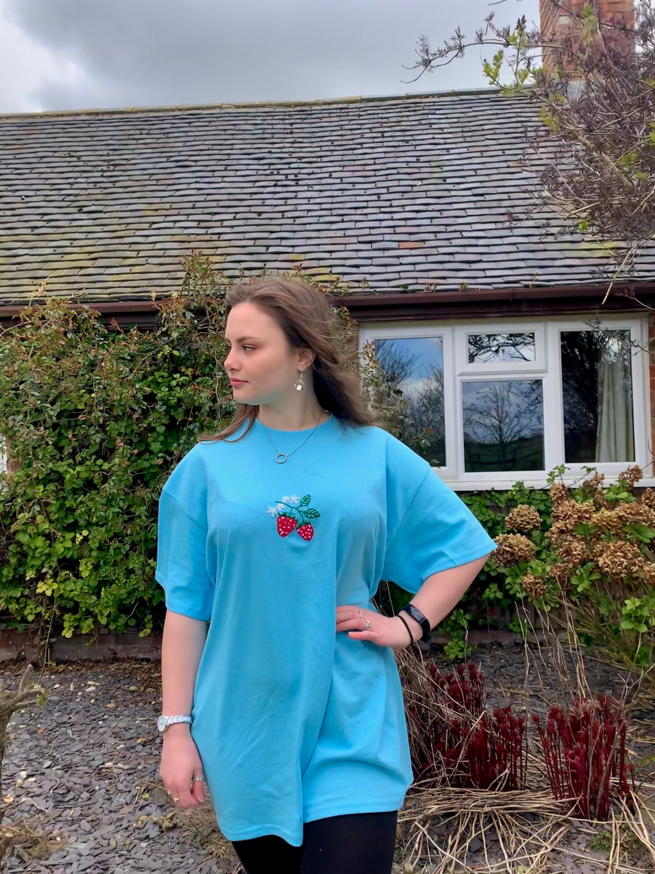 Strawberries Daisies Embroidered on Blue Tshirt Etsy