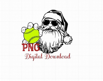May include: Black and white illustration of Santa Claus wearing sunglasses and holding a yellow softball. The text "PNG Digital Download" is below the image.
