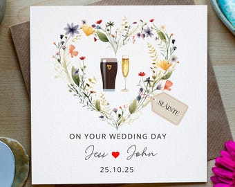 Cartão de casamento irlandês personalizado, Sláinte Stout e Prosecco Floral Heart