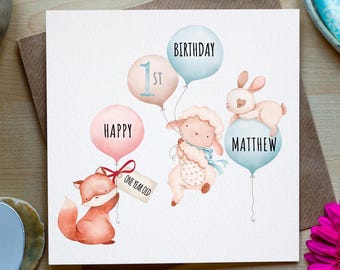First Birthday Card, 1st Birthday Card, Personalised Cute Animals Card For Son, Daughter, Boy or girl.