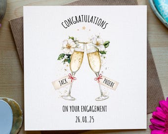 Biglietto di fidanzamento, biglietto di fidanzamento floreale con champagne, biglietto di fidanzamento personalizzato per la coppia con congratulazioni.