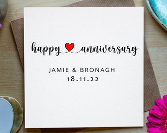 Personalised Happy Anniversary Card, Love heart Card personalised with name and date, Made in Ireland