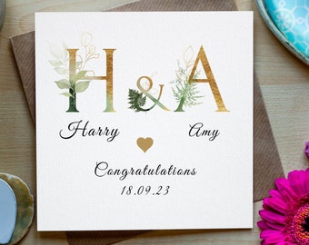 Personalised Wedding Newly Married Couple Greeting Card, Gold, Green,  Congratulations Wedding Card, Wedding Gift Card, Personalised Wedding