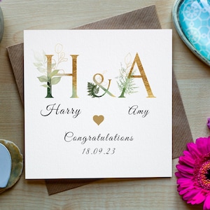 Carte de voeux personnalisée pour couple de jeunes mariés pour mariage, or, vert, carte de mariage de félicitations, carte-cadeau de mariage, mariage personnalisé
