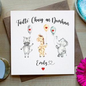 Bienvenido al mundo / Fáilte Chuig an Domhan , Safari Animals Cute New Baby Card, Gaeilge nueva tarjeta de bebé