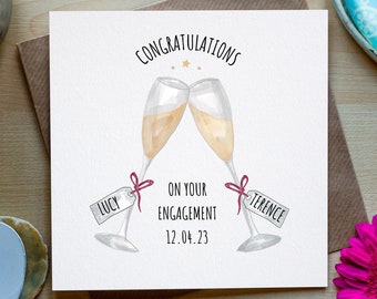 Engagement Card, Champagne Glasses, Personalised Names and date, Congratulations On Your Engagement Greeting Card