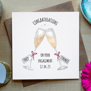 Verlovingskaart, champagneglazen, gepersonaliseerde namen en datum, gefeliciteerd met je verlovingswenskaart