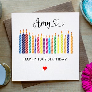 Gelukkige 18e verjaardag, elke naam, gepersonaliseerde 18e verjaardagskaart, gepersonaliseerde 18e verjaardagskaart met 18 kaarsen
