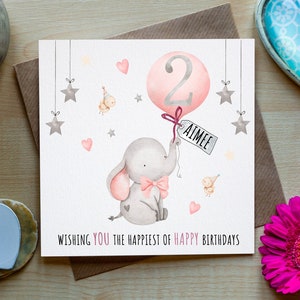 2e verjaardagskaart meisje, baby verjaardagskaart, gepersonaliseerd met babynaam, schattige olifant verjaardagskaart, voor haar, twee jaar oude verjaardagskaart
