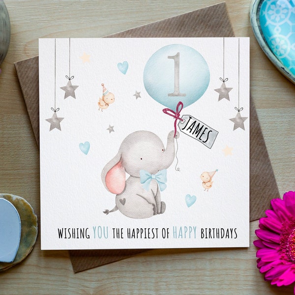 1st Birthday Card Boy, Baby Birthday Card, Personalised With Baby Name, Cute Elephant Birthday Card, For Him, One Birthday Card