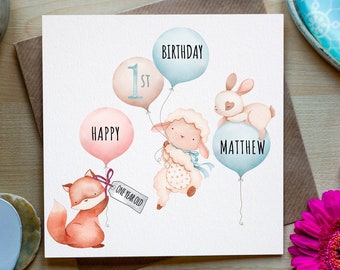 Tarjeta personalizada de primer cumpleaños de animal, primera tarjeta de cumpleaños, tarjeta de animales lindos para hijo, niño.