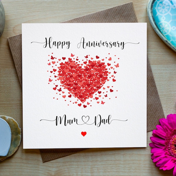 Personalised Anniversary Card - Happy Anniversary Mum and Dad, Love heart anniversary card, Card for Parents Anniversary