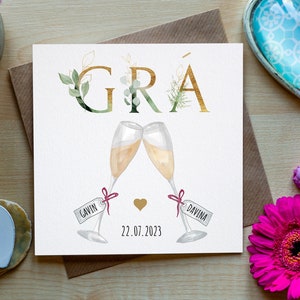 Personalisierte Goldblumen GRÁ (Liebe) irischsprachige Karte, Gaeilge-Karte, irische Grußkarte, irisches Verlobungsgeschenk, irisches Hochzeitsgeschenk