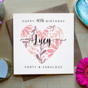 Cartão de aniversário de 40 anos, cartão de aniversário de 40 anos personalizado para ela, filha, amiga, tia, prima, irmã, cartão floral, quadragésimo cartão