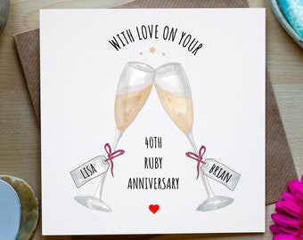 Ruby Wedding Anniversary Card, 40th Wedding Anniversary Card, 40th Anniversary Card, Personalised Wedding Anniversary Card, Champagne Glass