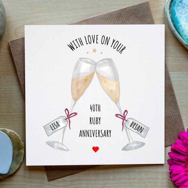 Ruby Wedding Anniversary Card, 40th Wedding Anniversary Card, 40th Anniversary Card, Personalised Wedding Anniversary Card, Champagne Glass