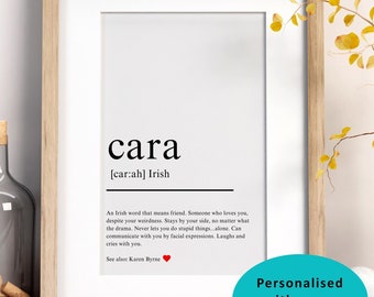 Cara Friend Definition Irish Print, Gaelic Home Decor, Personalised