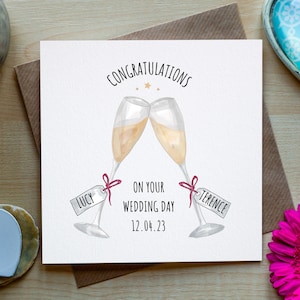 Wedding Card, Champagne Glasses, Personalised Names and date, Congratulations On Your Wedding Greeting Card image 1