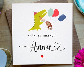 Happy 1st Birthday, Personalised 1st Birthday Card , Animal Birthday Card, First Birthday, Cute 1st Birthday Card, Any Name, Made in Ireland