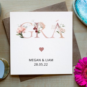 Personalised Floral GRÁ (Love) Irish-language card, Gaeilge card, Irish greeting card , Irish Engagement Gift, Wedding gift Gaeilge