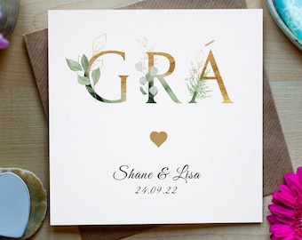 Gepersonaliseerde gouden bloemen GRÁ (Love) Ierstalige kaart, Gaeilge-kaart, Ierse wenskaart, Iers verlovingscadeau, huwelijkscadeau Gaeilge
