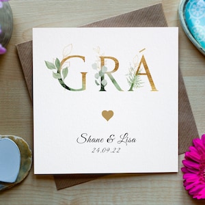 Gepersonaliseerde gouden bloemen GRÁ (Love) Ierstalige kaart, Gaeilge-kaart, Ierse wenskaart, Iers verlovingscadeau, huwelijkscadeau Gaeilge
