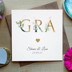 Personalised Gold Floral GRÁ Love Irish-language card, Gaeilge card, Irish greeting card , Irish Engagement Gift, Wedding gift Gaeilge image 1