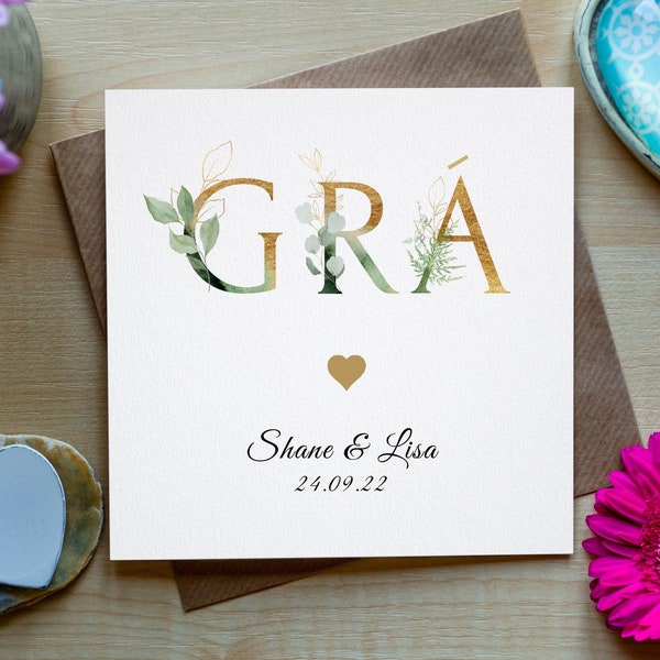 Personalised Gold Floral GRÁ (Love) Irish-language card, Gaeilge card, Irish greeting card , Irish Engagement Gift, Wedding gift Gaeilge