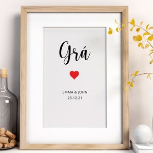 Personalised GRÁ (Love) Irish-language print (unframed), Irish Print A4 unframed, Gaeilge print, Irish Engagement Gift, Wedding gift Gaeilge