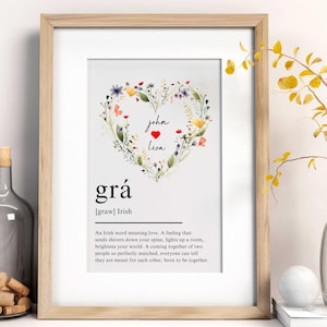 Grá Irish Print, Grá Definition Print, Irish Language, Personalised, Engagement Print, Wedding Print, Engagement, Wedding Gift, Floral Heart