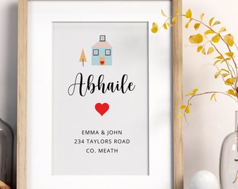 Personalised Abhaile (Home) Print, Irish-language print, unframed , A4 Size print, Personalised address print