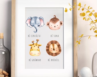 Irish-language Kids Safari Prints, A4 unframed print, GAEILGE, Gaelic, Nursery Wall Art, Nursery Print, Kids Room, Cute Safari Animal Prints