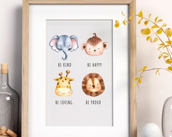 Kids Safari Print, A4 unframed print, Cute Animal Faces, Nursery Wall Art, Nursery Print, Kids Room, Safari Animal Print, Be Kind, Be Happy