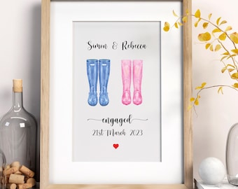 May include: A printable engagement announcement with a watercolor illustration of two pairs of rain boots, one blue and one pink. The text reads "Simon & Rebecca engaged 21st March 2023".