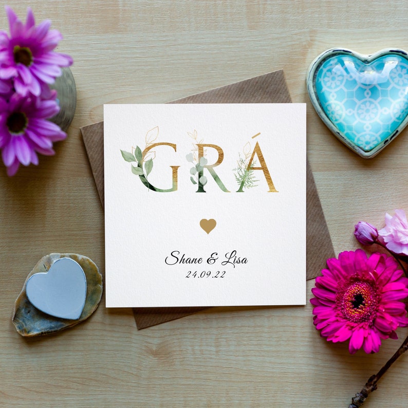 Personalised Gold Floral GRÁ Love Irish-language card, Gaeilge card, Irish greeting card , Irish Engagement Gift, Wedding gift Gaeilge image 1