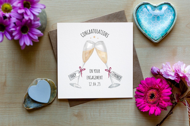 Engagement Card, Champagne Glasses, Personalised Names and date, Congratulations On Your Engagement Greeting Card image 1