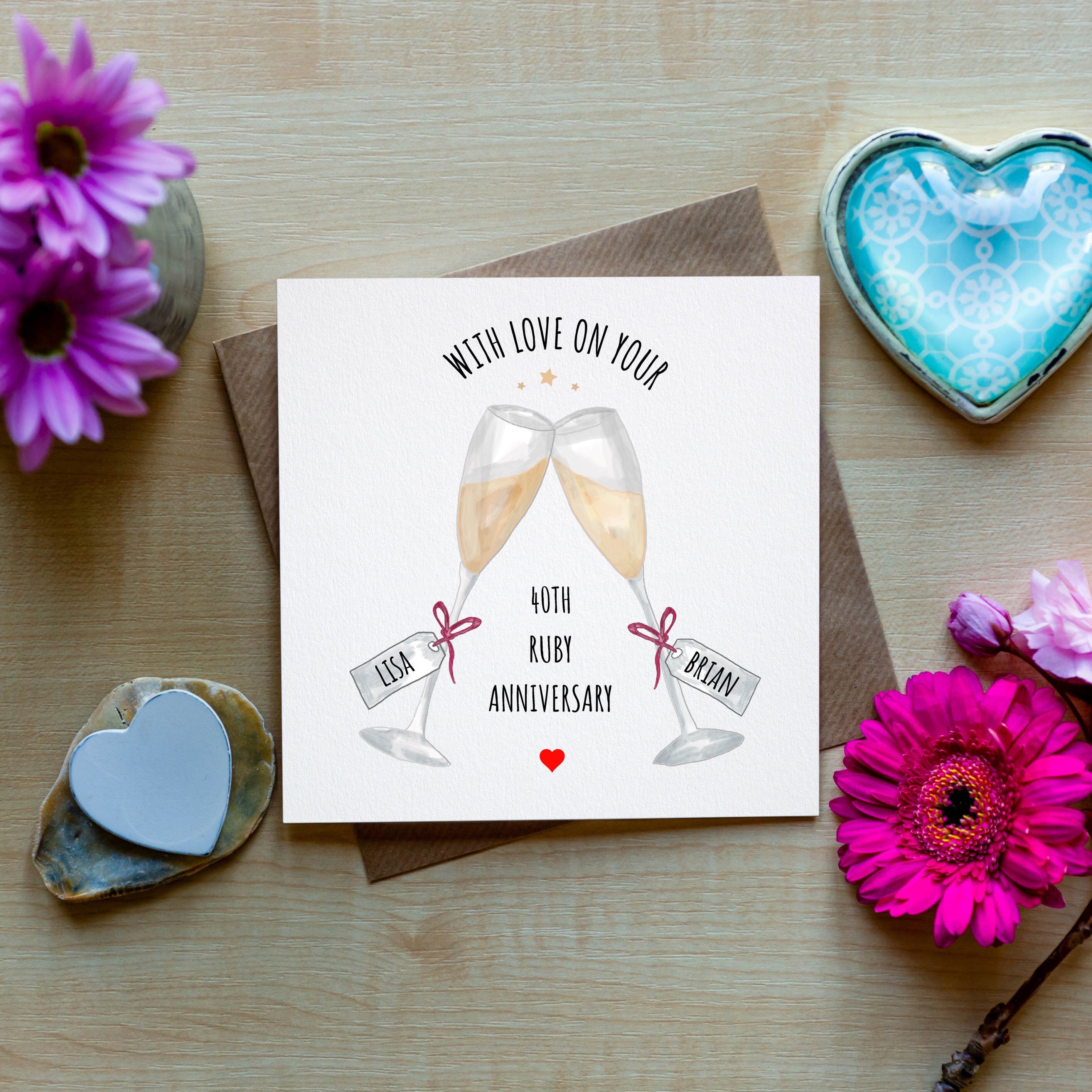 Ruby Wedding Anniversary Card, 40th Wedding Anniversary Card, 40th Anniversary Card, Personalised Wedding Anniversary Card, Champagne Glass